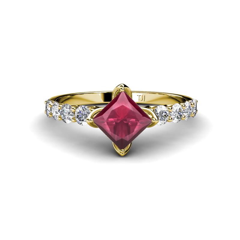 Alicia Princess Cut Rhodolite Garnet and Diamond Engagement Ring 