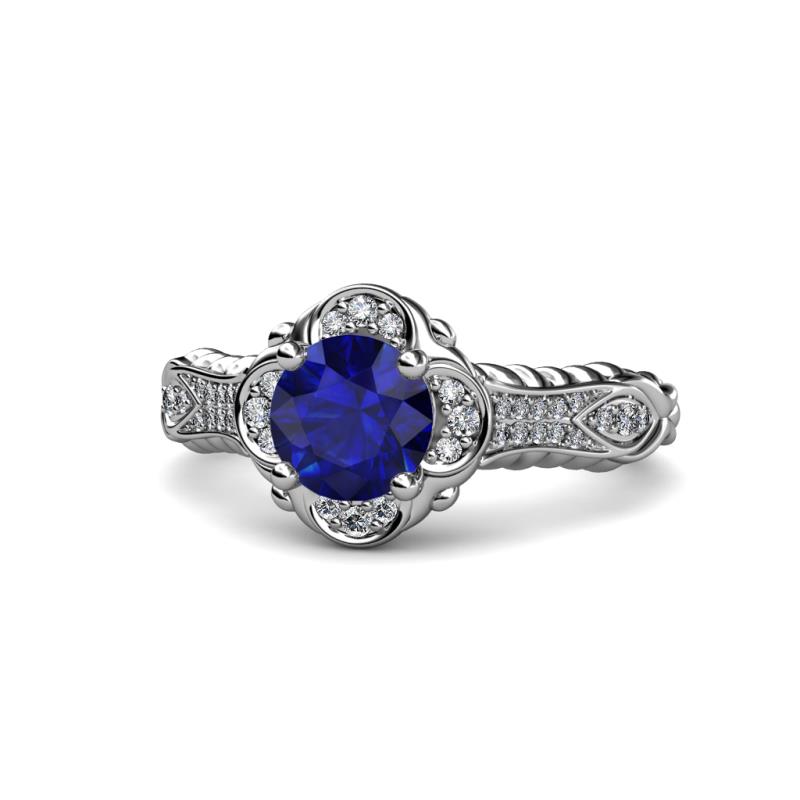 Maura Signature Blue Sapphire and Diamond Floral Halo Engagement Ring 
