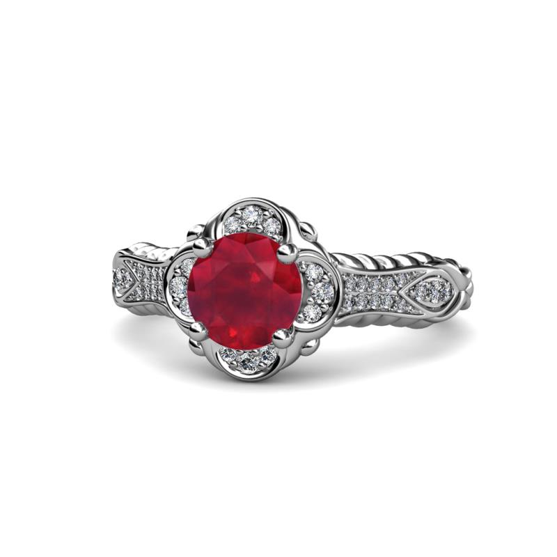 Maura Signature Ruby and Diamond Floral Halo Engagement Ring 