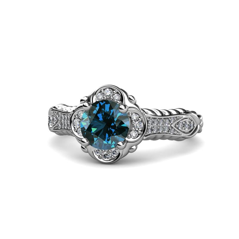 Maura Signature Blue and White Diamond Floral Halo Engagement Ring 