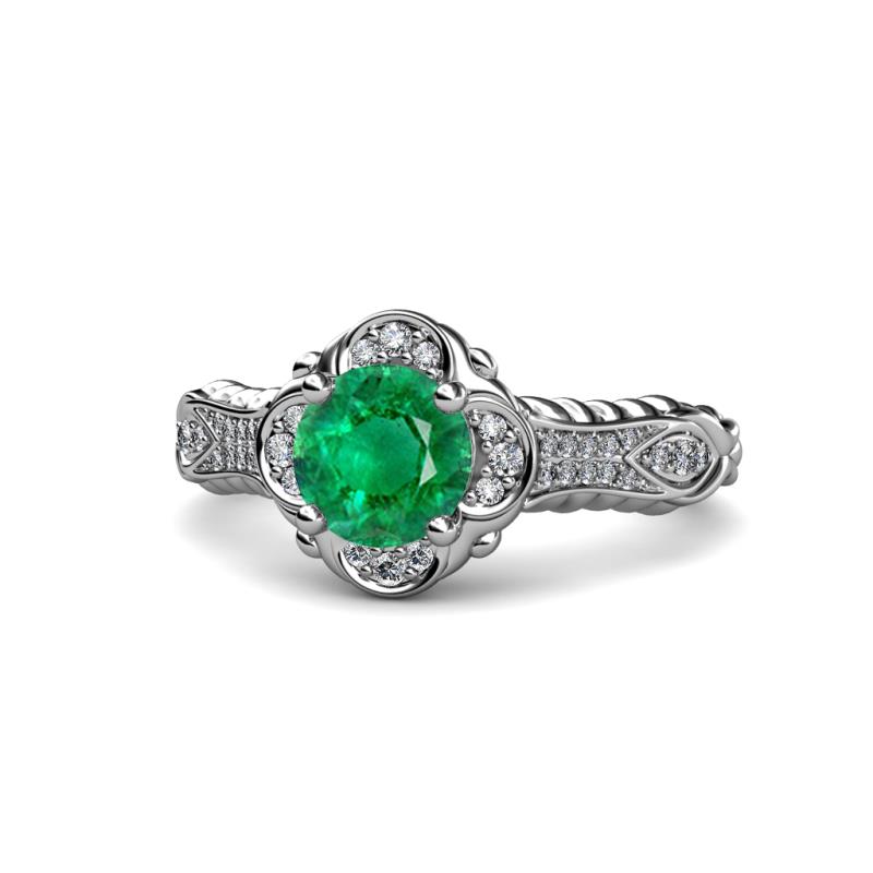 Maura Signature Emerald and Diamond Floral Halo Engagement Ring 