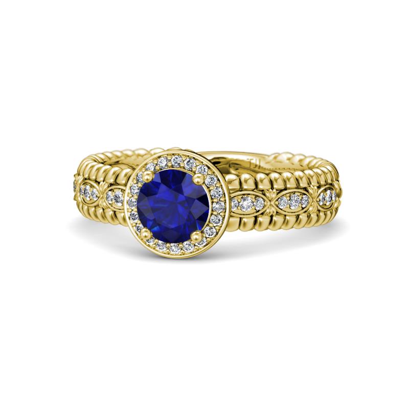 Cera Signature Blue Sapphire and Diamond Halo Engagement Ring 