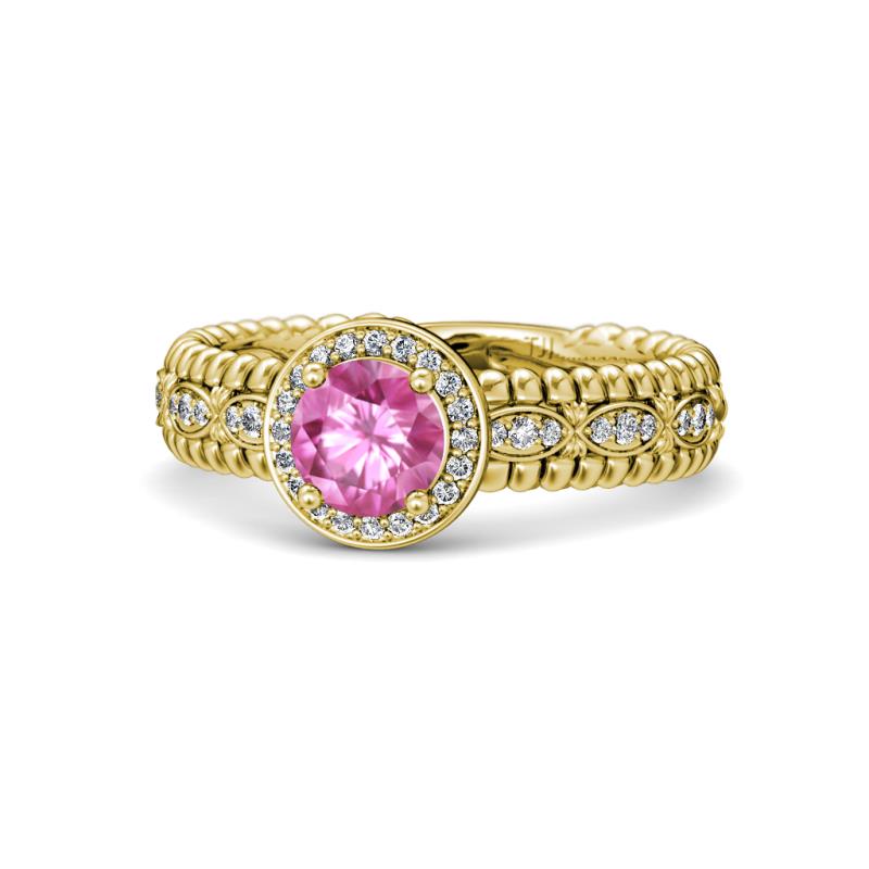 Cera Signature Pink Sapphire and Diamond Halo Engagement Ring 