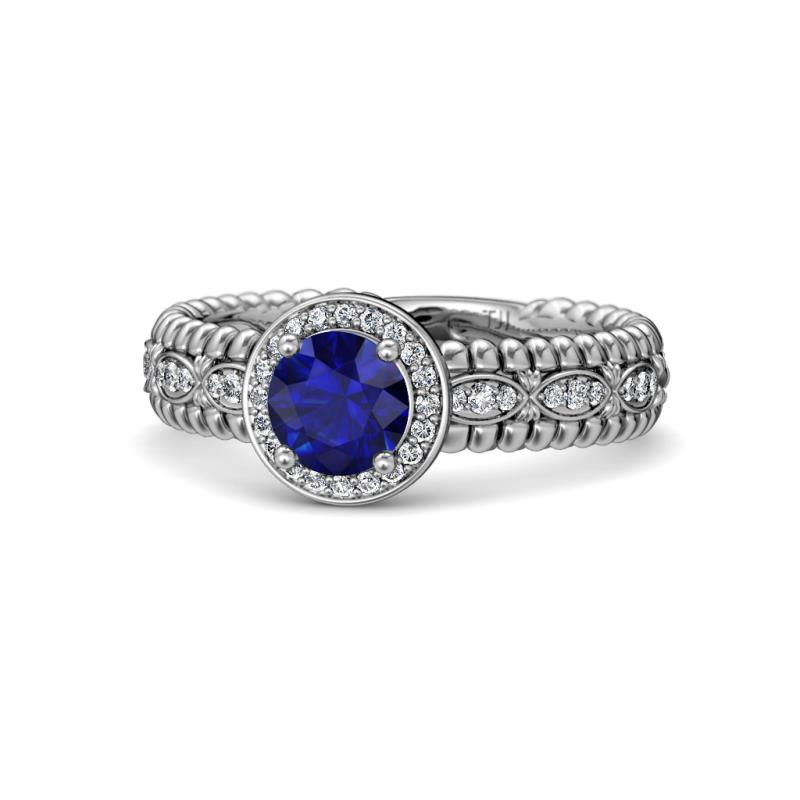 Cera Signature Blue Sapphire and Diamond Halo Engagement Ring 