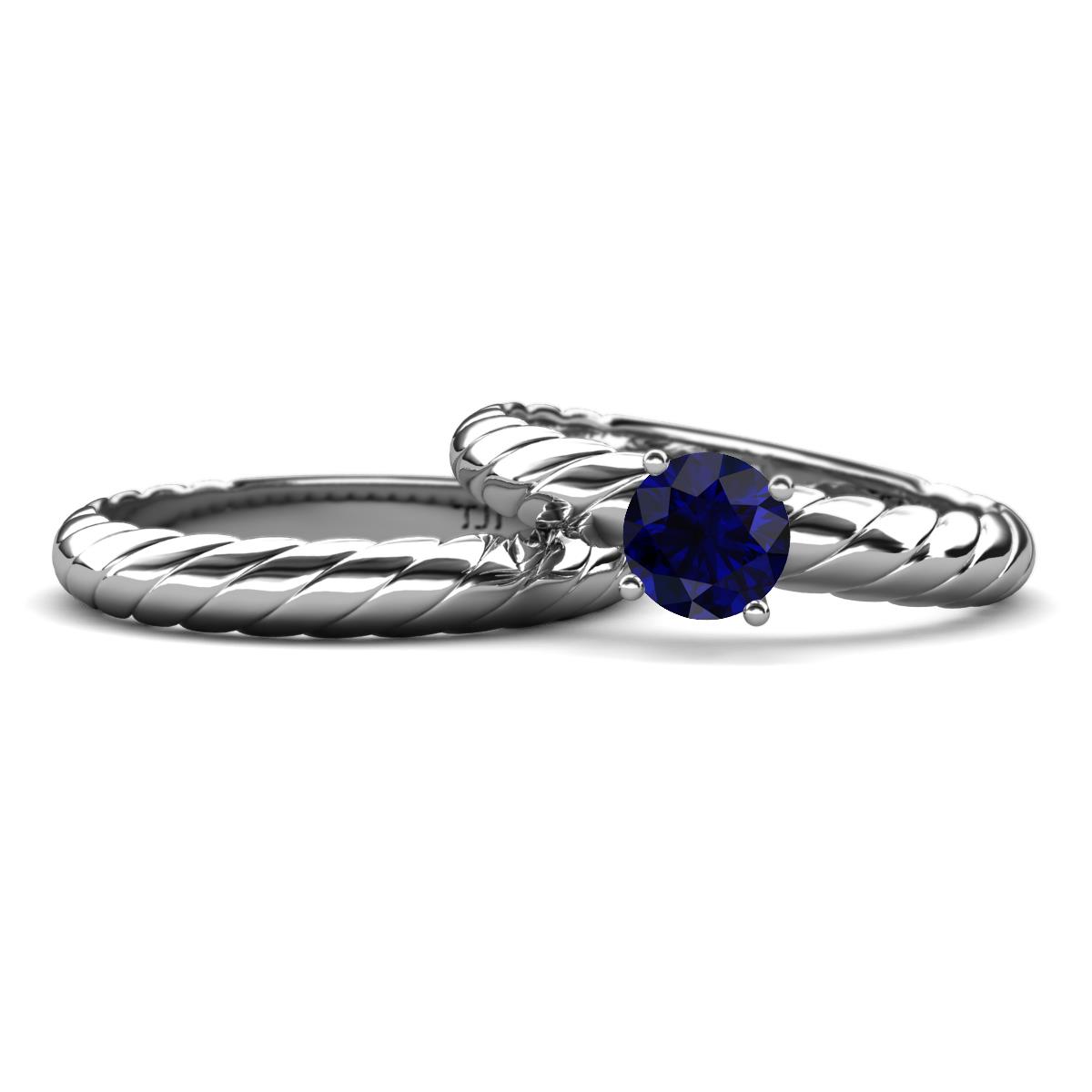 Eudora Classic Blue Sapphire Solitaire Bridal Set Ring 
