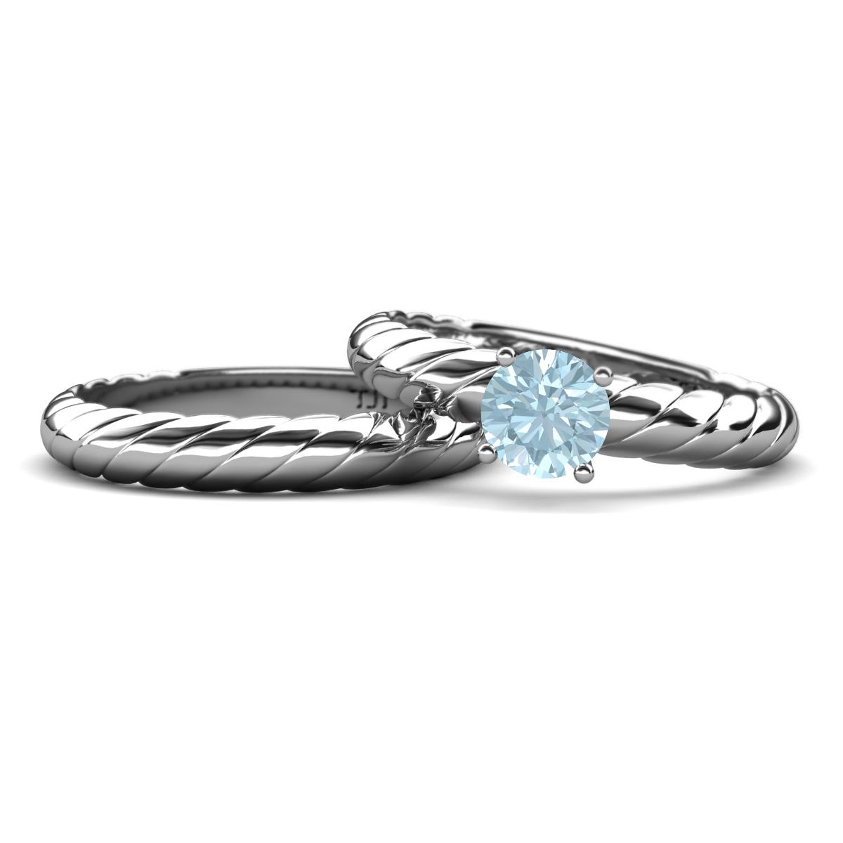 Eudora Classic Aquamarine Solitaire Bridal Set Ring 