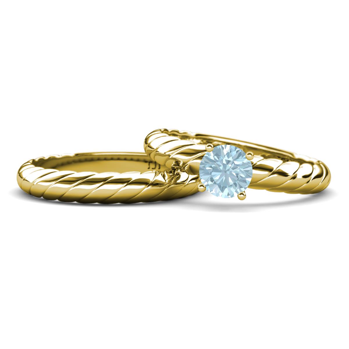 Eudora Classic Aquamarine Solitaire Bridal Set Ring 