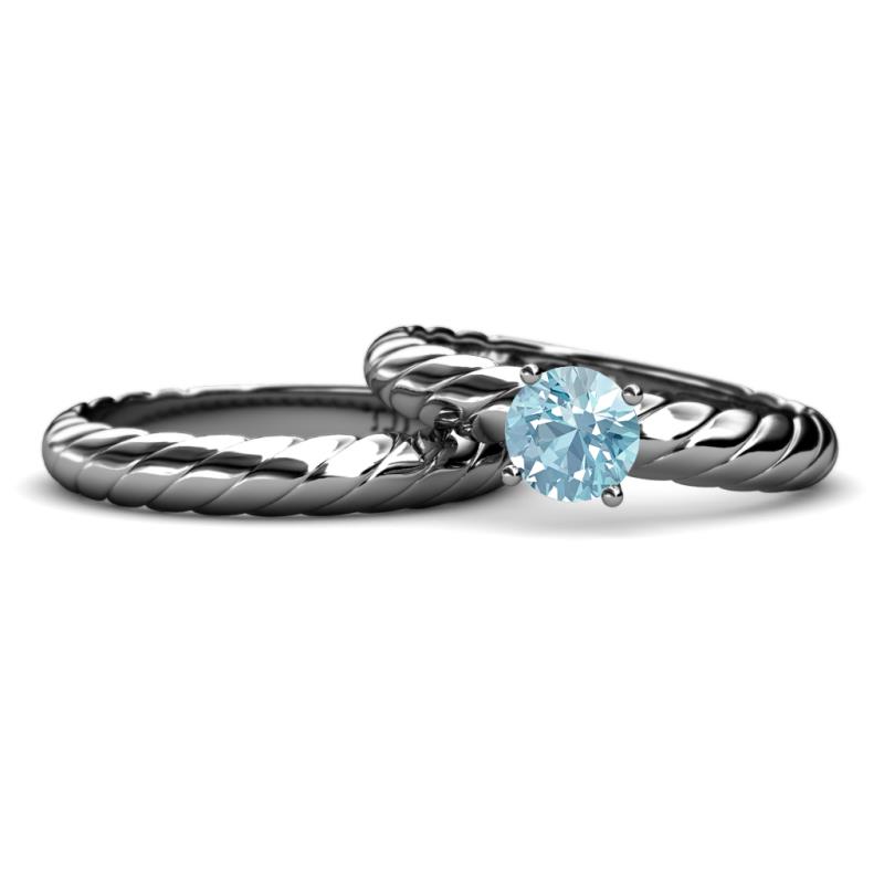 Eudora Classic Aquamarine Solitaire Bridal Set Ring 