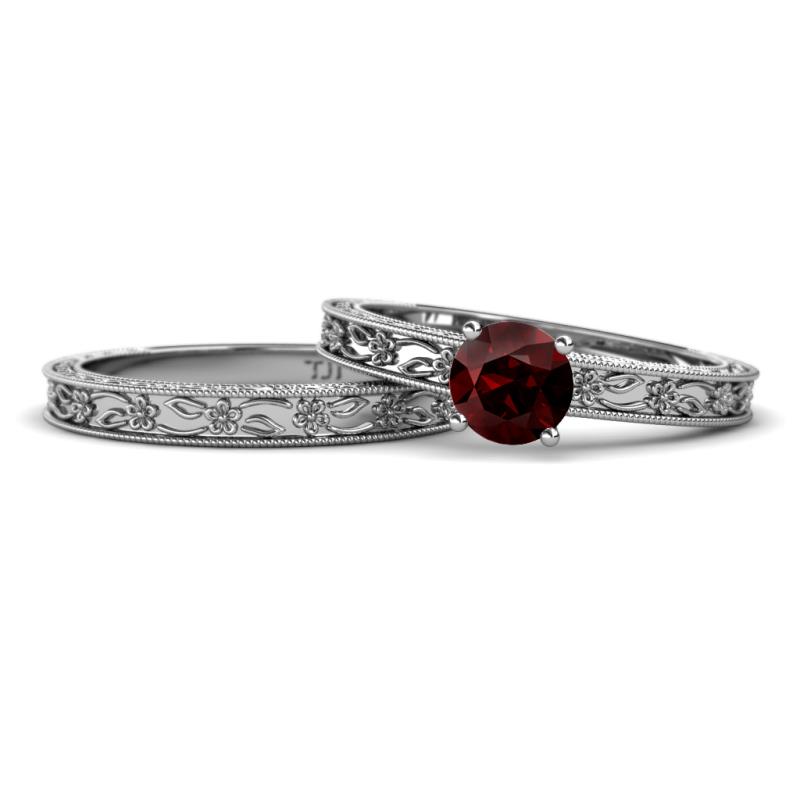 Florie Classic Red Garnet Solitaire Bridal Set Ring 