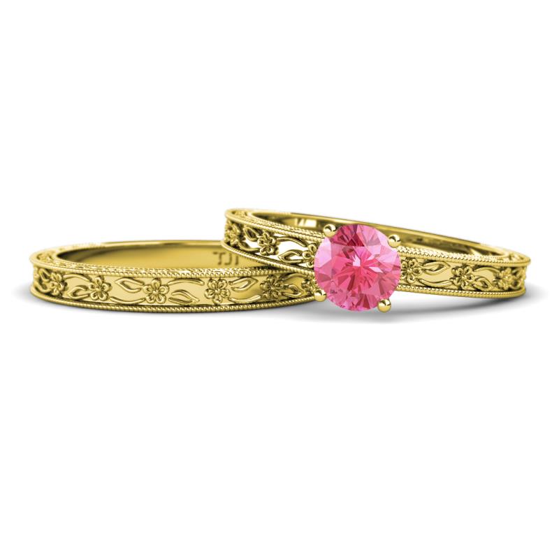 Florie Classic Pink Tourmaline Solitaire Bridal Set Ring 