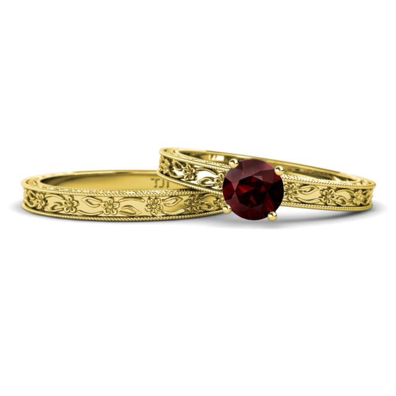 Florie Classic Red Garnet Solitaire Bridal Set Ring 