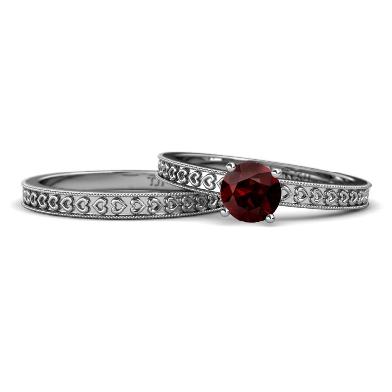 Janina Classic Red Garnet Solitaire Bridal Set Ring 