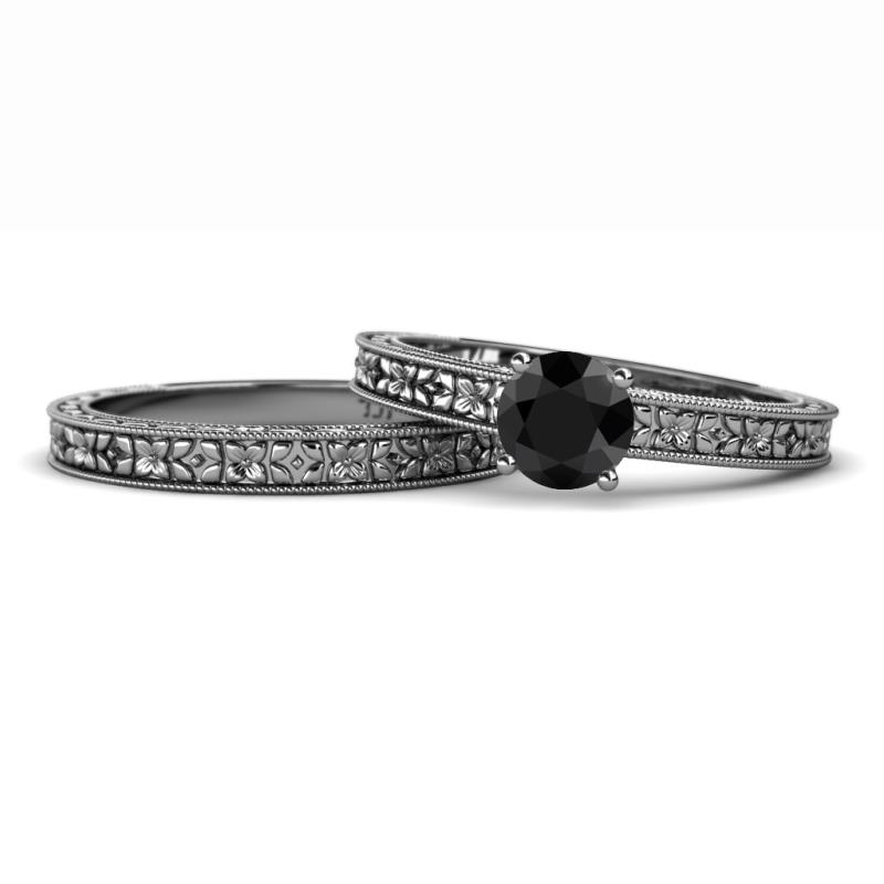 Florian Classic Round Black Diamond Solitaire Bridal Set Ring 