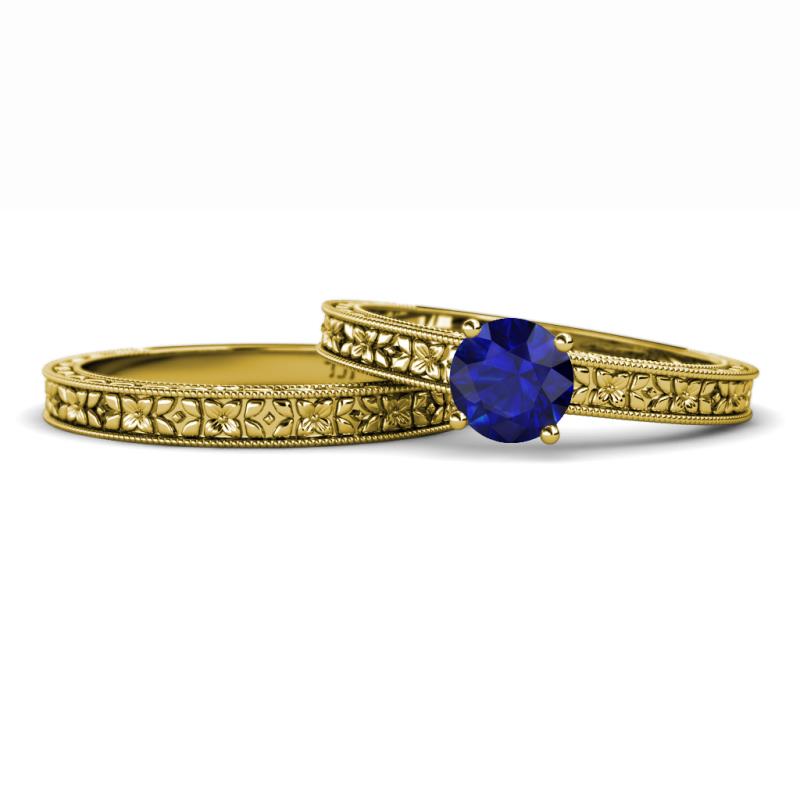 Florian Classic Blue Sapphire Solitaire Bridal Set Ring 