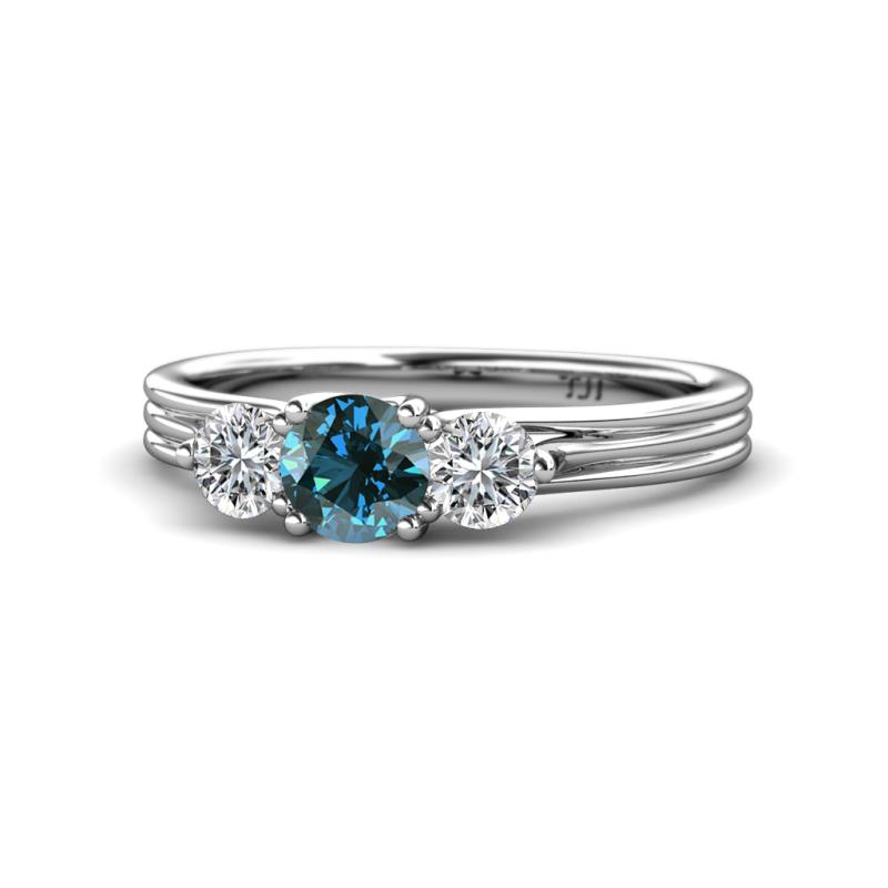 Alyssa 5.50 mm Blue and White Diamond Thick Shank Three Stone Ring 