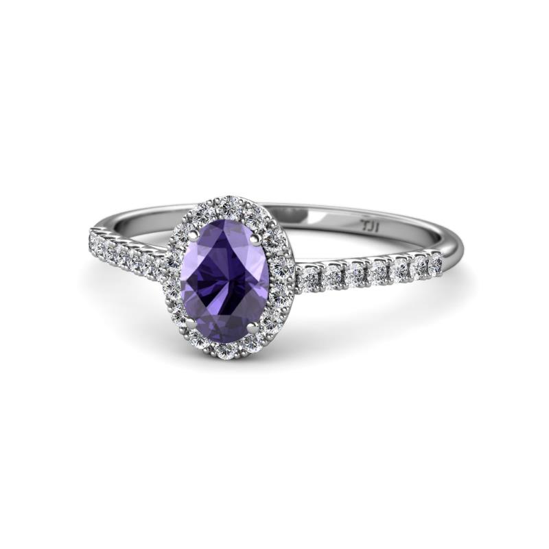 Marnie Desire Oval Cut Iolite and Diamond Halo Engagement Ring 