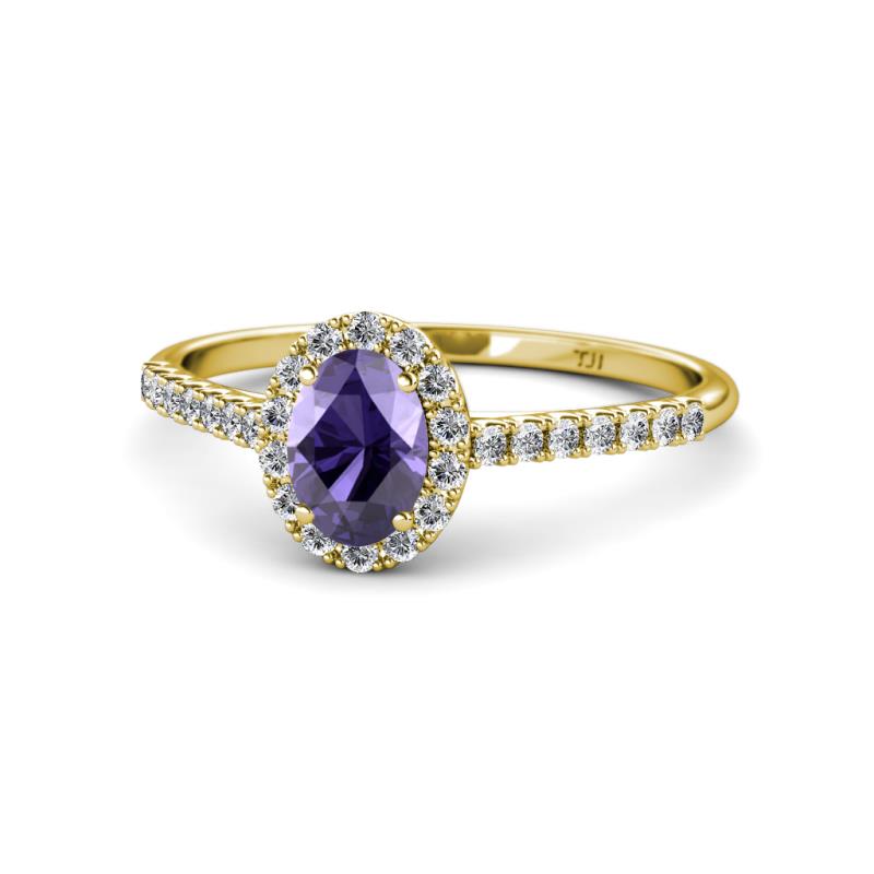 Marnie Desire Oval Cut Iolite and Diamond Halo Engagement Ring 
