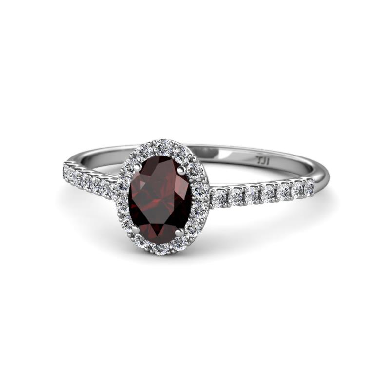 Marnie Desire Oval Cut Red Garnet and Diamond Halo Engagement Ring 