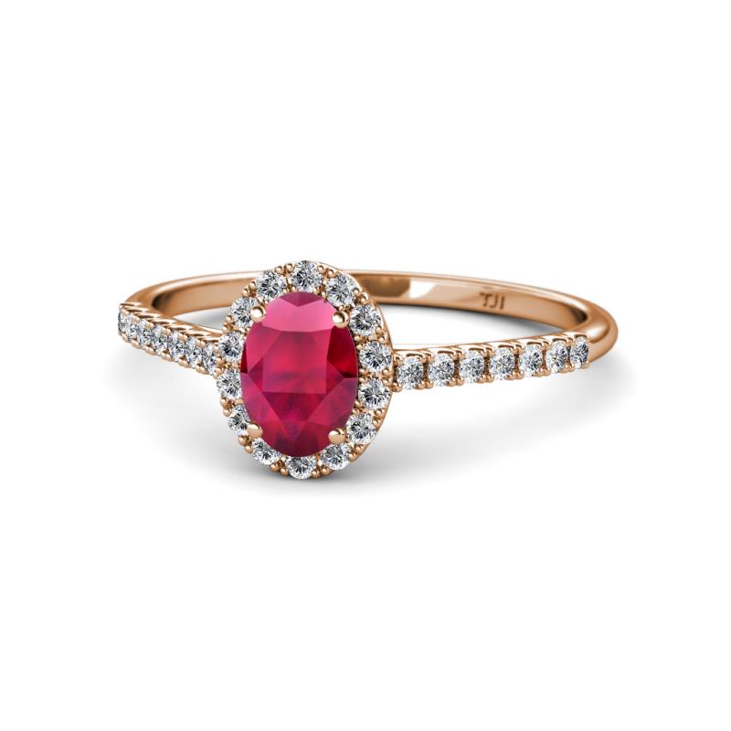 Marnie Desire Oval Cut Ruby and Diamond Halo Engagement Ring 