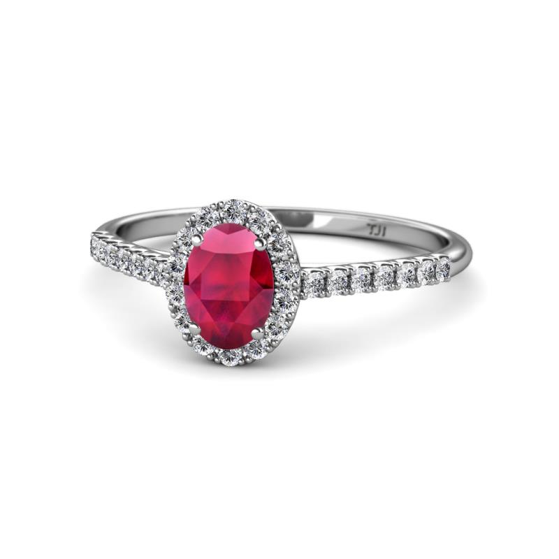 Marnie Desire Oval Cut Ruby and Diamond Halo Engagement Ring 