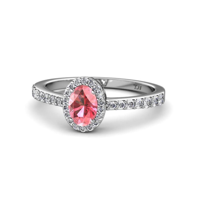 Verna Desire Oval Cut Pink Tourmaline and Diamond Halo Engagement Ring 