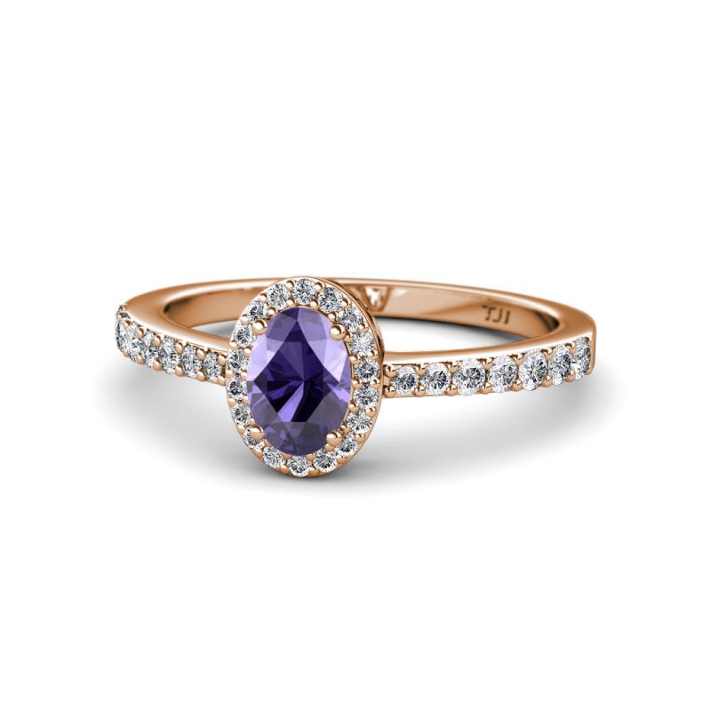 Verna Desire Oval Cut Iolite and Diamond Halo Engagement Ring 