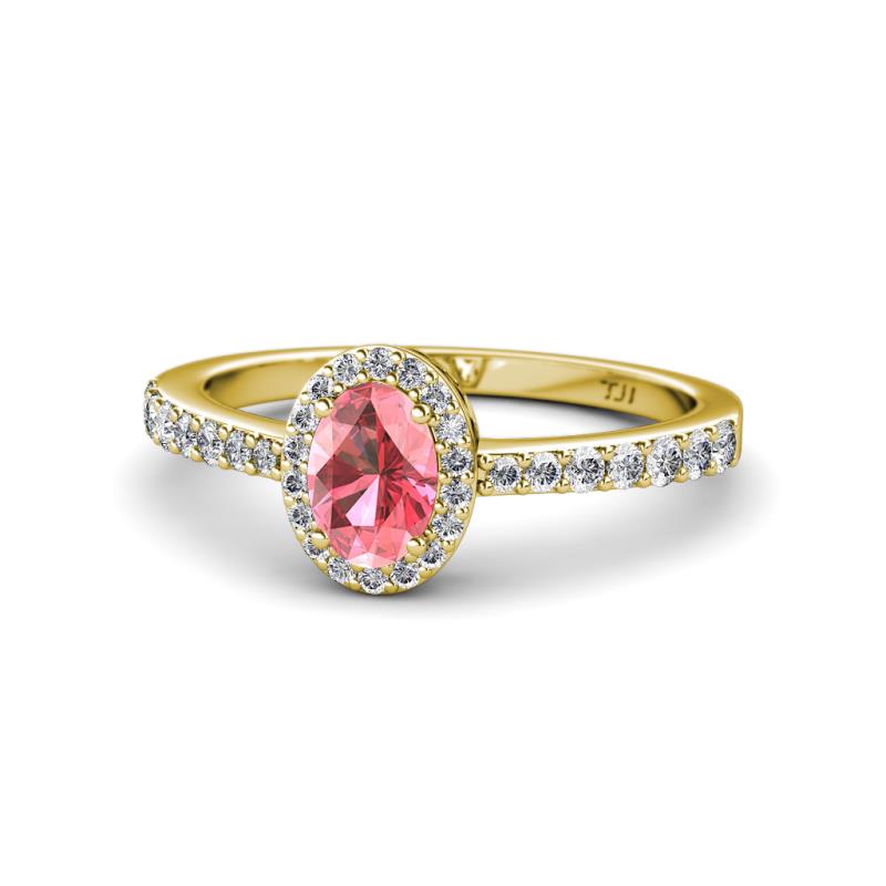 Verna Desire Oval Cut Pink Tourmaline and Diamond Halo Engagement Ring 