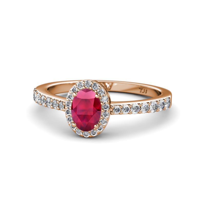 Verna Desire Oval Cut Ruby and Diamond Halo Engagement Ring 