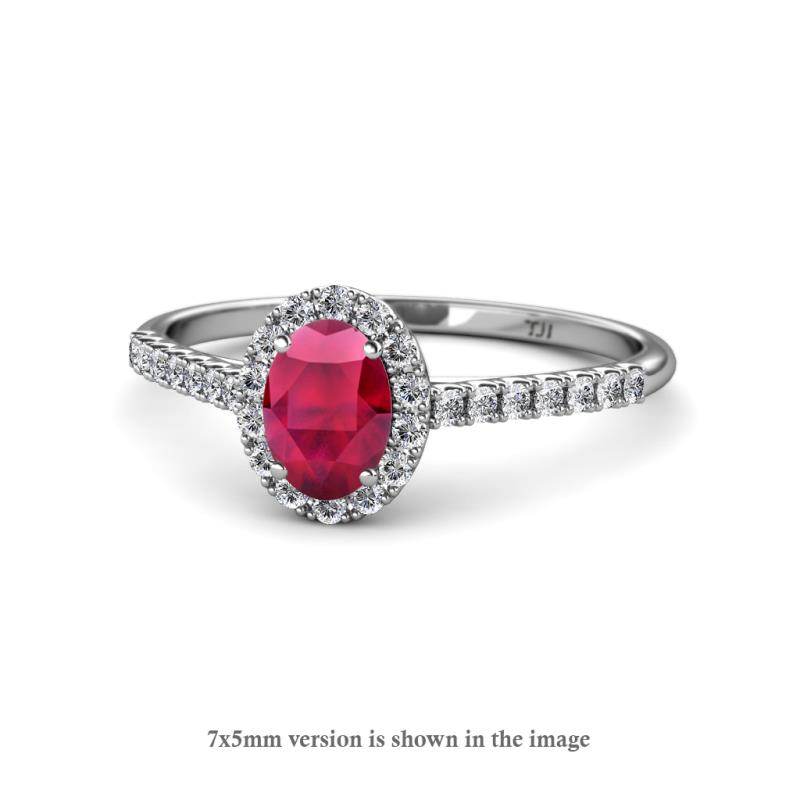 Marnie Desire Oval Cut Ruby and Diamond Halo Engagement Ring 