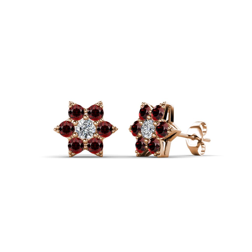 Amora Diamond and Red Garnet Flower Earrings 