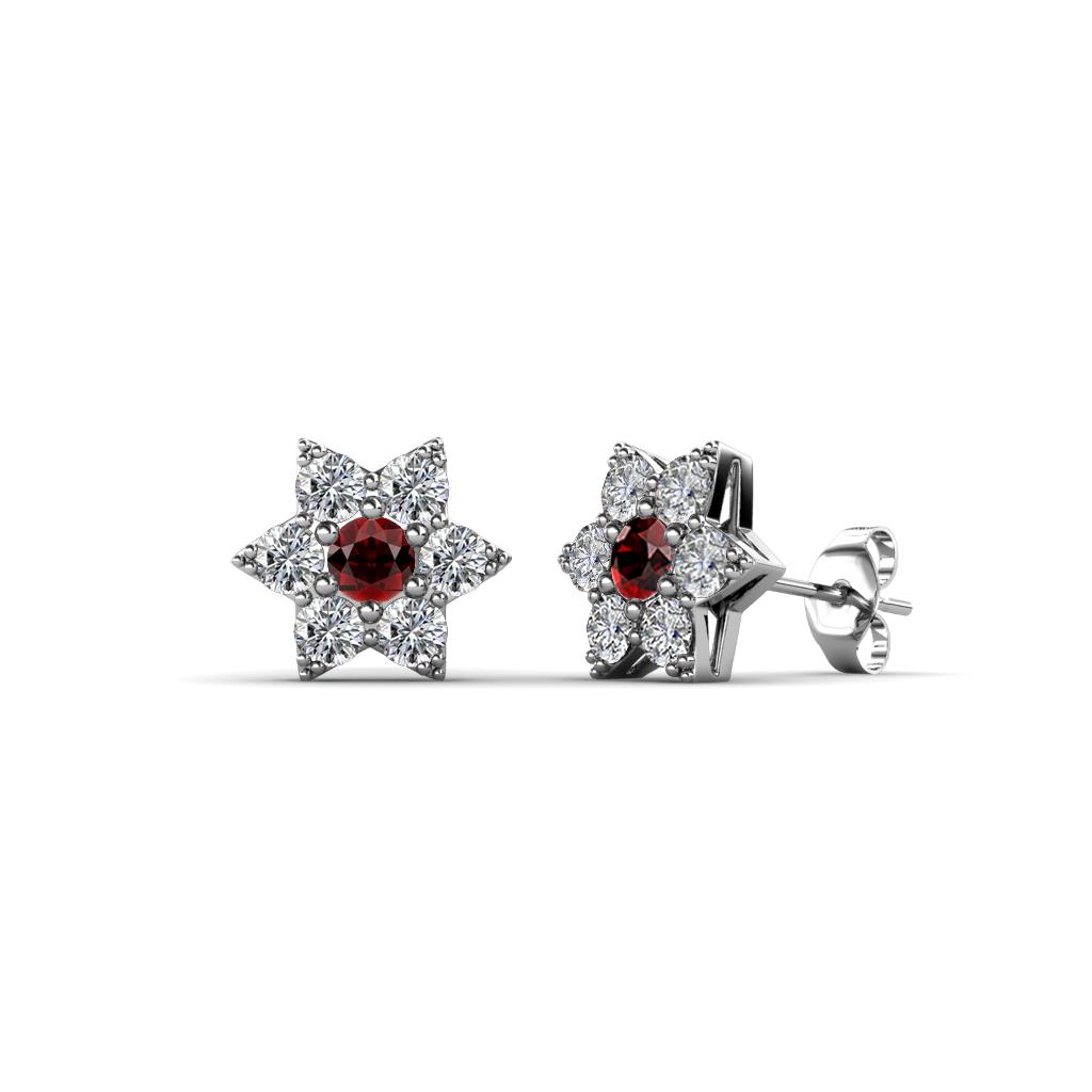 Amora Red Garnet and Diamond Flower Earrings 