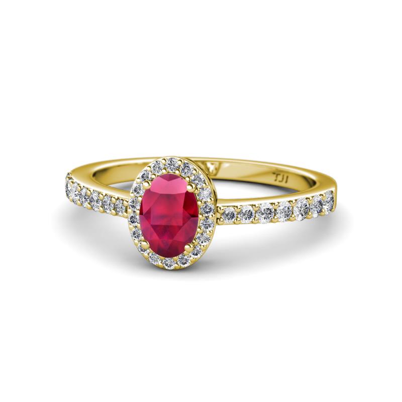 Verna Desire Oval Cut Ruby and Diamond Halo Engagement Ring 