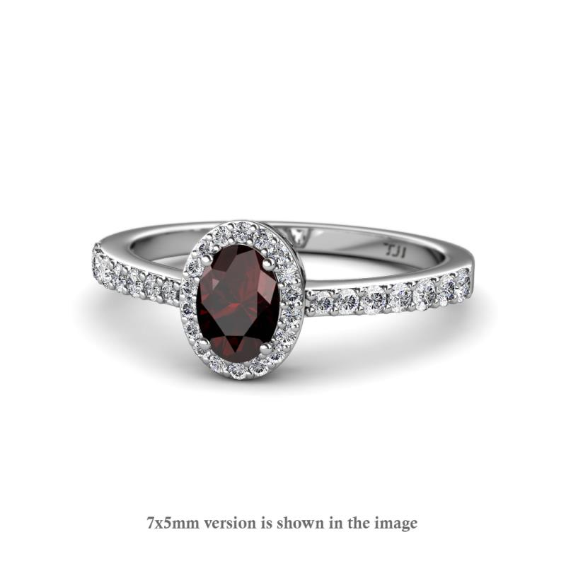 Verna Desire Oval Cut Red Garnet and Diamond Halo Engagement Ring 
