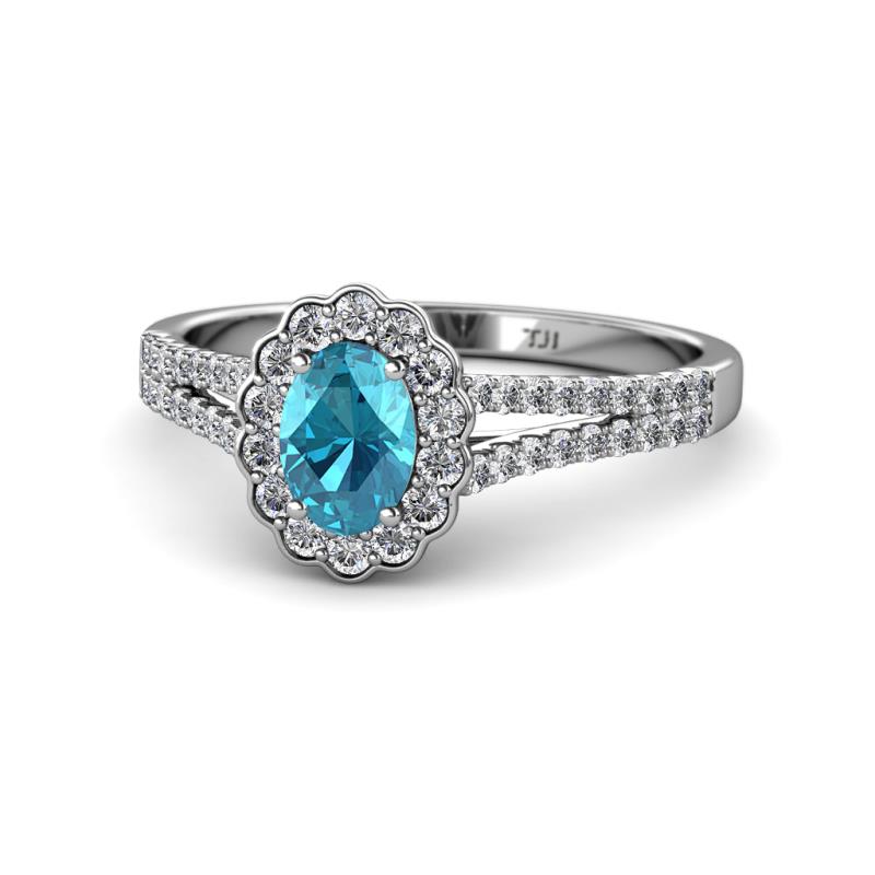 Raisa Desire Oval Cut London Blue Topaz and Diamond Halo Engagement Ring 