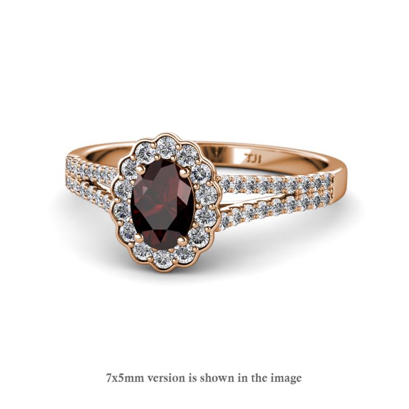 Raisa Desire Oval Cut Red Garnet and Diamond Halo Engagement Ring 