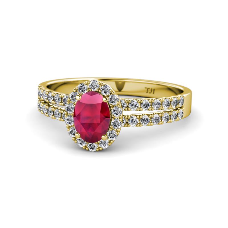 Amaya Desire Oval Cut Ruby and Diamond Halo Engagement Ring 