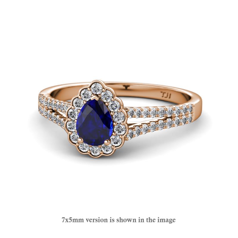 Raisa Desire Pear Cut Blue Sapphire and Diamond Halo Engagement Ring 