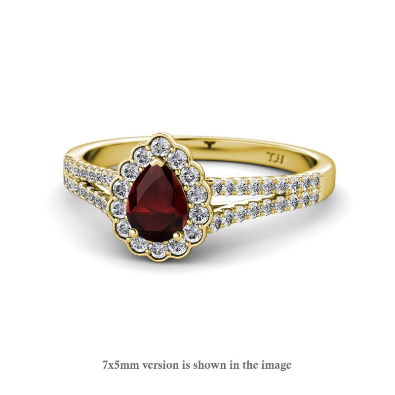 Raisa Desire Pear Cut Red Garnet and Diamond Halo Engagement Ring 