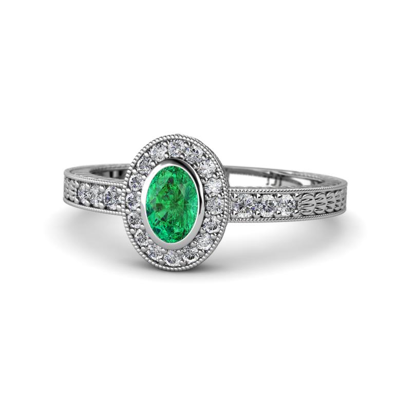 Annabel Desire Oval Cut Emerald and Diamond Halo Engagement Ring 