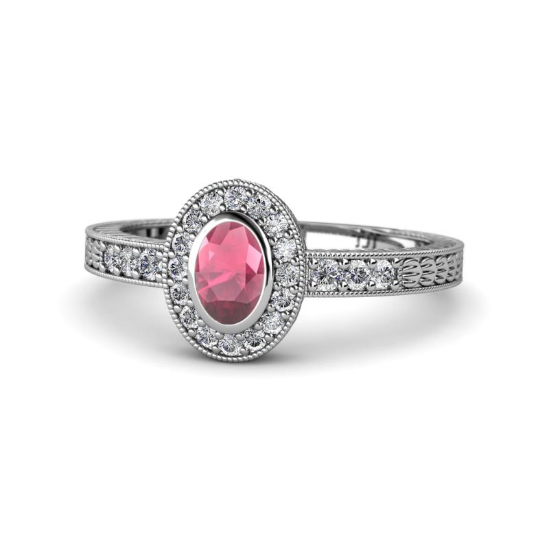 Annabel Desire Oval Cut Rhodolite Garnet and Diamond Halo Engagement Ring 