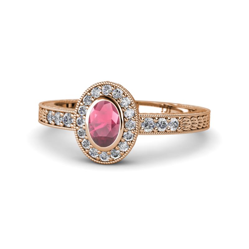 Annabel Desire Oval Cut Rhodolite Garnet and Diamond Halo Engagement Ring 