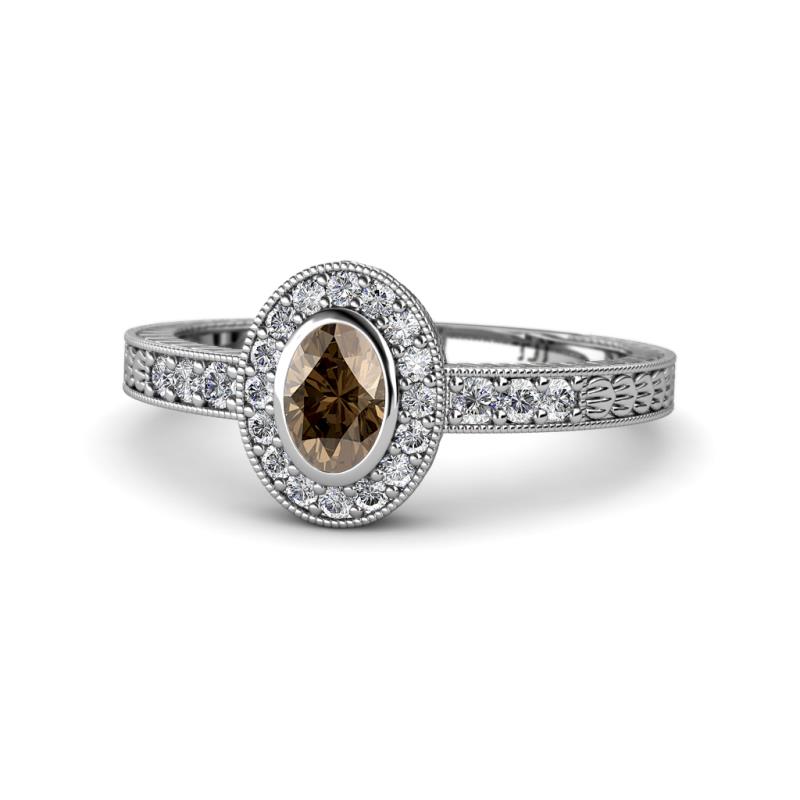 Annabel Desire Oval Cut Smoky Quartz and Diamond Halo Engagement Ring 