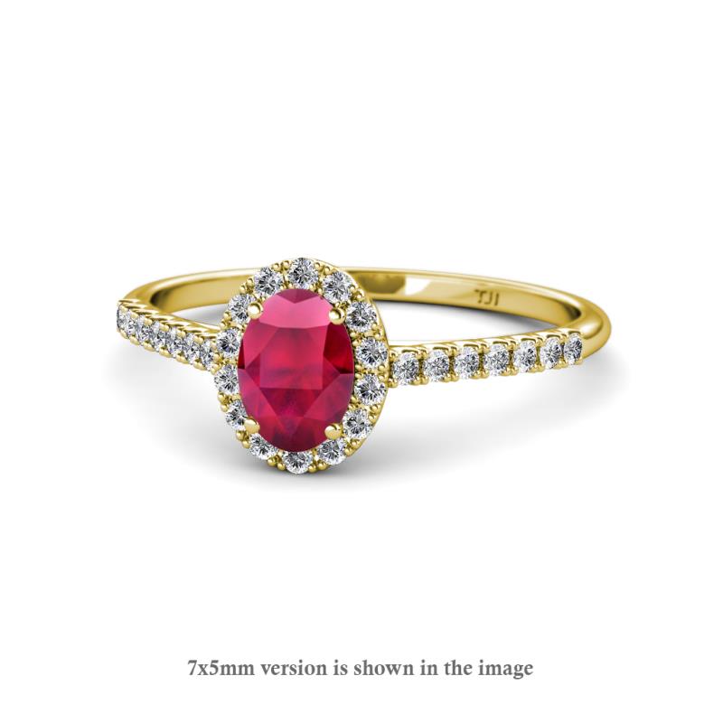 Marnie Desire Oval Cut Ruby and Diamond Halo Engagement Ring 