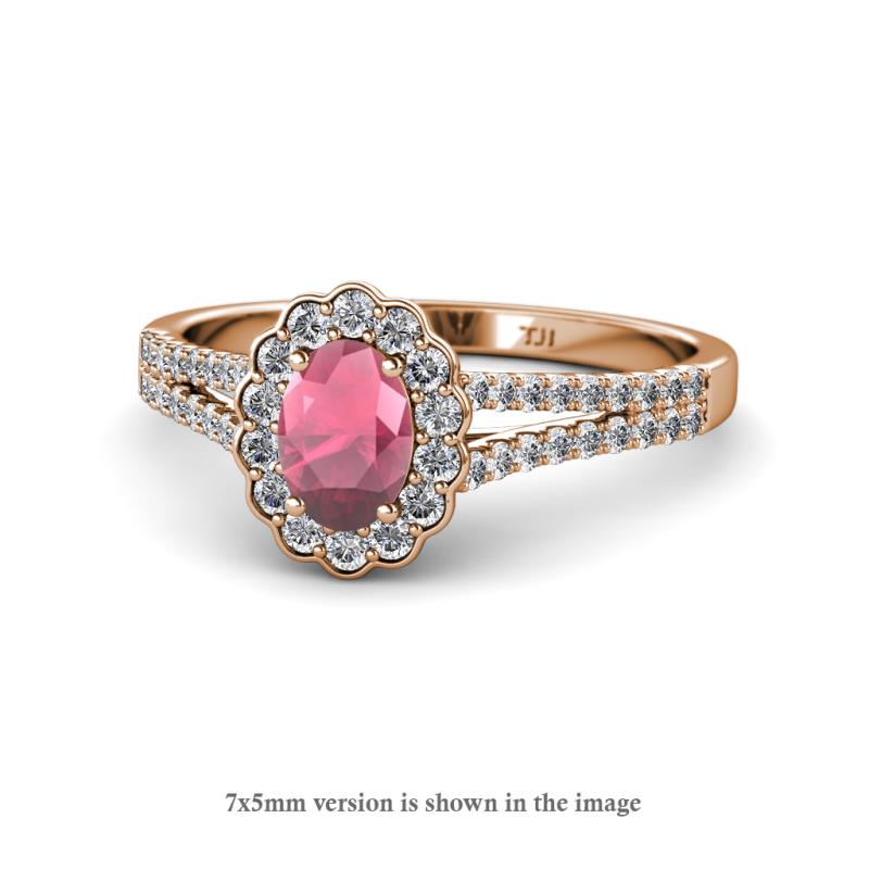 Raisa Desire Oval Shape Rhodolite Garnet and Round Diamond Halo Engagement Ring 
