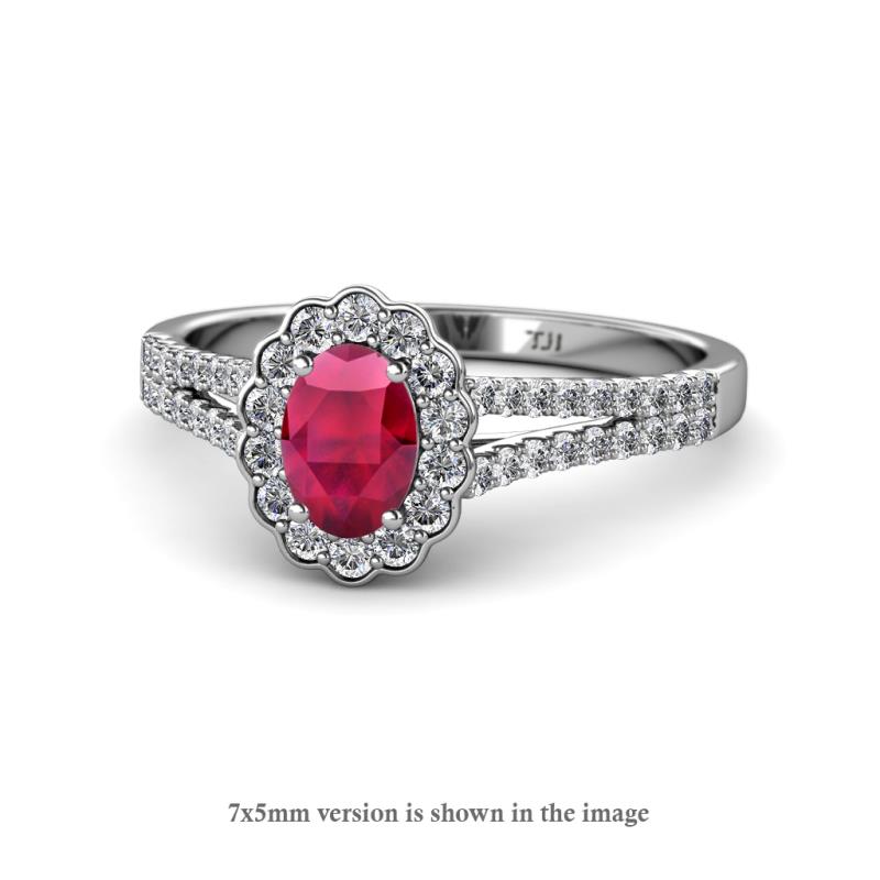 Raisa Desire Oval Shape Ruby and Round Diamond Halo Engagement Ring 