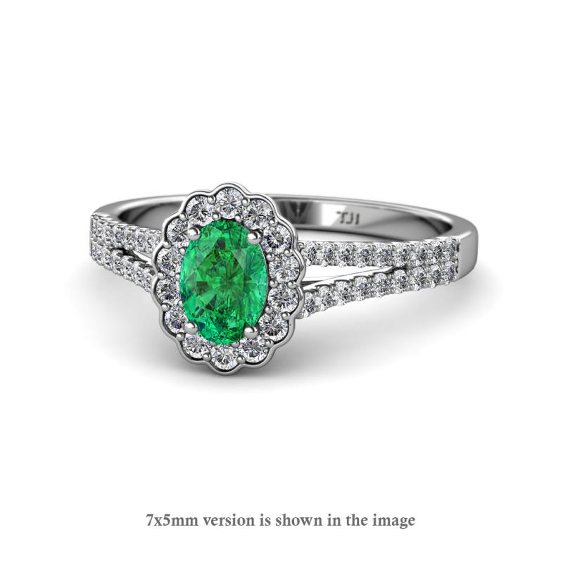Raisa Desire Oval Shape Emerald and Round Diamond Halo Engagement Ring 