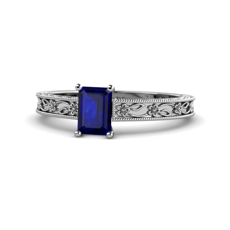Florie Classic 7x5 mm Emerald Cut Blue Sapphire Solitaire Engagement Ring 