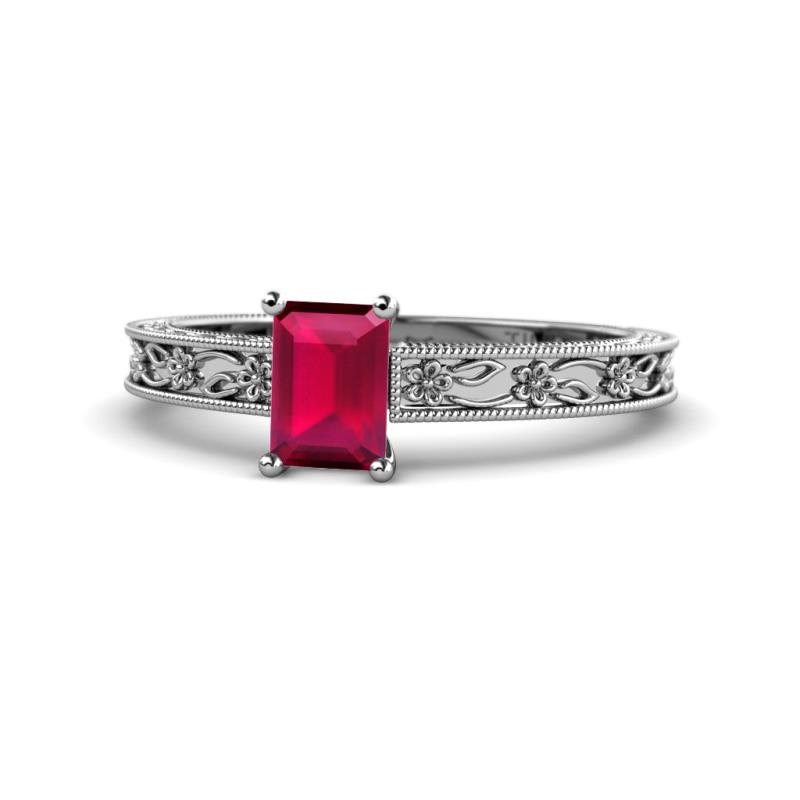 Florie Classic 7x5 mm Emerald Cut Ruby Solitaire Engagement Ring 