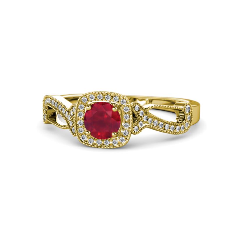 Amy Desire 1.20 ctw Ruby Round (6.00 mm) & Natural Diamond Round (1.10 mm) Swirl Halo Engagement Ring 