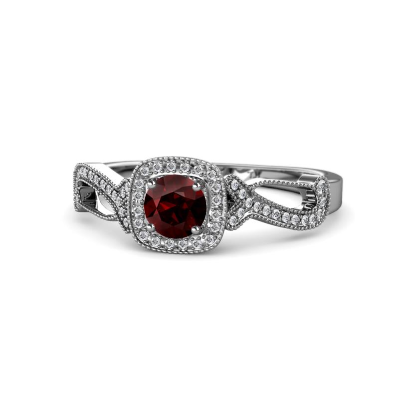 Amy Desire 1.30 ctw Red Garnet Round (6.50 mm) & Natural Diamond Round (1.10 mm) Swirl Halo Engagement Ring 